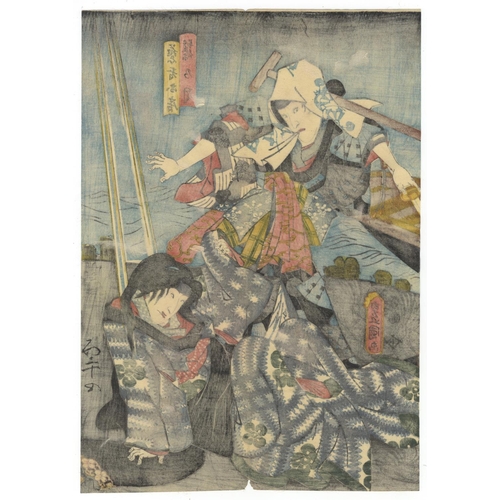 337 - Toyokuni III Utagawa, Set of 2 Prints, Kabuki Scene, Theatre, Edo Period(1) Kagekiyo, from Eighteen ... 