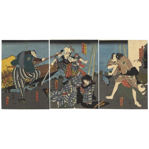 337 - Toyokuni III Utagawa, Set of 2 Prints, Kabuki Scene, Theatre, Edo Period(1) Kagekiyo, from Eighteen ... 