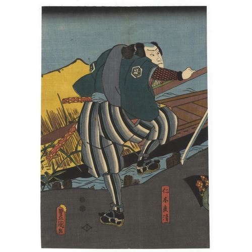 337 - Toyokuni III Utagawa, Set of 2 Prints, Kabuki Scene, Theatre, Edo Period(1) Kagekiyo, from Eighteen ... 