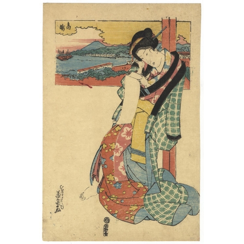 34 - Eisen Keisai, Beauty and Landscape, Edo PeriodLady in Takanawa. Original Japanese Woodblock Print. ... 