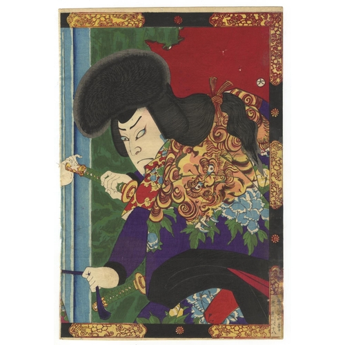 58 - Kunichika Toyohara, Kabuki Triptych, Traditional Theatre, Meiji PeriodKoi-su-Cho Oshi no Omoide. Ori... 