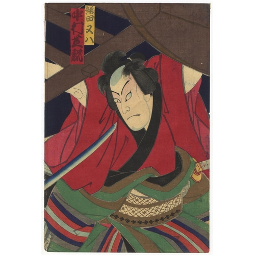 90 - Kunichika Toyohara, Kabuki Triptych, Actors in Dinamic Scene, Meiji PeriodKabuki play, Umemo Kamata ... 