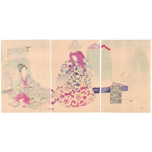 97 - Chikanobu Yoshu, Beauty Triptych, Noh Theatre, Chiyoda PalaceBack Stage at a Noh Play from the serie... 