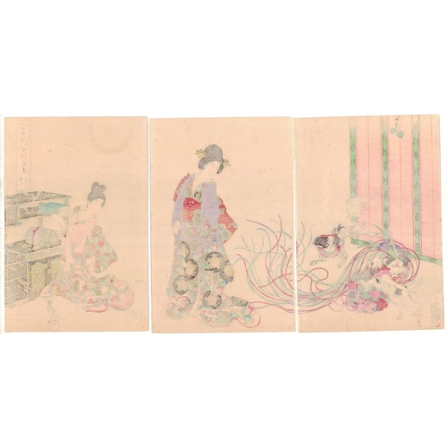 98 - Chikanobu Yoshu, Beauty Triptych, Playing with Pugs, Chiyoda PalacePug's Play from the series 'The I... 