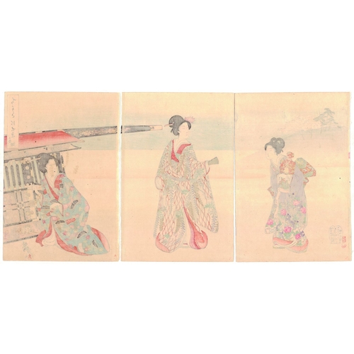 12 - Chikanobu Yoshu, Beauties, Palanquin, Inner Palace, Triptych, Meiji Artist: Chikanobu Yoshu (1838-19... 