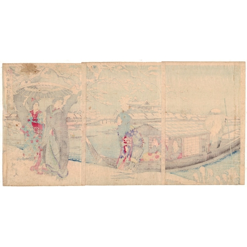 15 - Chikanobu Yoshu, Beauties, Snow Scene, Sumida Bank, Triptych, Meiji Artist: Chikanobu Yoshu (1838-19... 