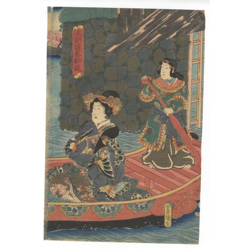 16 - Toyokuni III Utagawa, Beauties, Boat, Green Tea, Triptych, Edo Artists: Toyokuni III Utagawa (1786-1... 