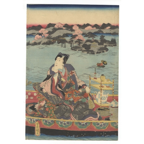 16 - Toyokuni III Utagawa, Beauties, Boat, Green Tea, Triptych, Edo Artists: Toyokuni III Utagawa (1786-1... 