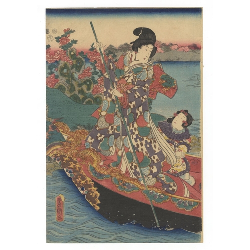 16 - Toyokuni III Utagawa, Beauties, Boat, Green Tea, Triptych, Edo Artists: Toyokuni III Utagawa (1786-1... 