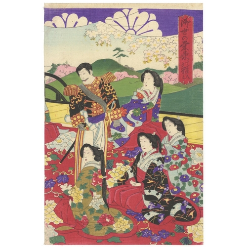 21 - Chikanobu Yoshu, Beauties, Meiji Emperor, Cherry Blossoms, Triptych, Meiji Artist: Chikanobu Yoshu (... 