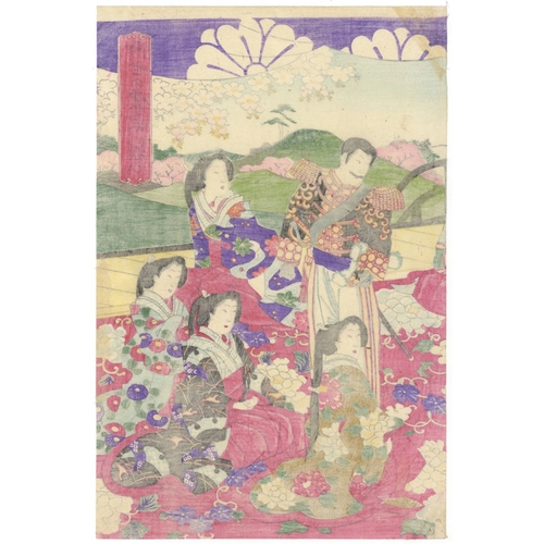 21 - Chikanobu Yoshu, Beauties, Meiji Emperor, Cherry Blossoms, Triptych, Meiji Artist: Chikanobu Yoshu (... 