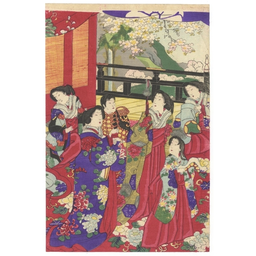 21 - Chikanobu Yoshu, Beauties, Meiji Emperor, Cherry Blossoms, Triptych, Meiji Artist: Chikanobu Yoshu (... 