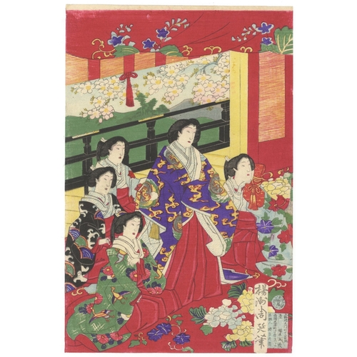 21 - Chikanobu Yoshu, Beauties, Meiji Emperor, Cherry Blossoms, Triptych, Meiji Artist: Chikanobu Yoshu (... 