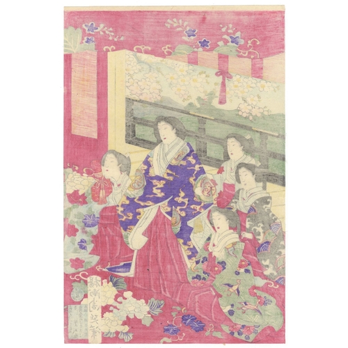 21 - Chikanobu Yoshu, Beauties, Meiji Emperor, Cherry Blossoms, Triptych, Meiji Artist: Chikanobu Yoshu (... 