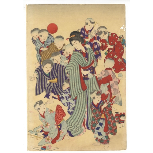 24 - Chikanobu Toyohara, Children Playing with Toys, Triptych, Meiji Artist: Chikanobu Toyohara (1838-191... 