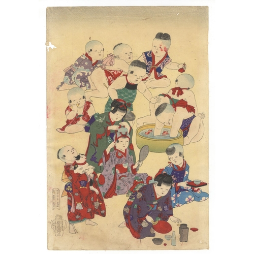 24 - Chikanobu Toyohara, Children Playing with Toys, Triptych, Meiji Artist: Chikanobu Toyohara (1838-191... 