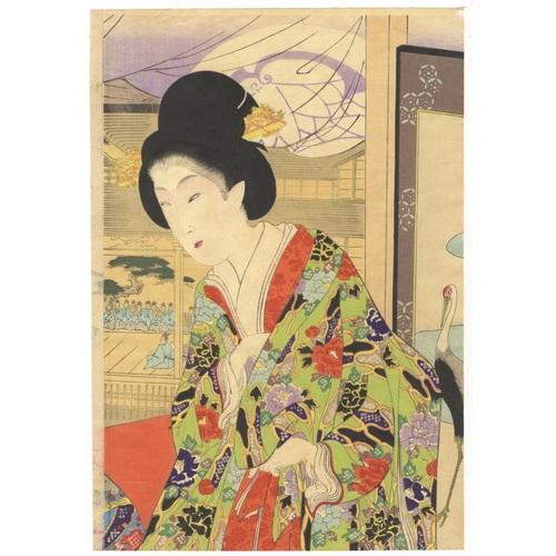 9 - Chikanobu Yoshu, Beauties, Theatre, High-ranking Ladies, Triptych, Meiji Artist: Chikanobu Yoshu (18... 