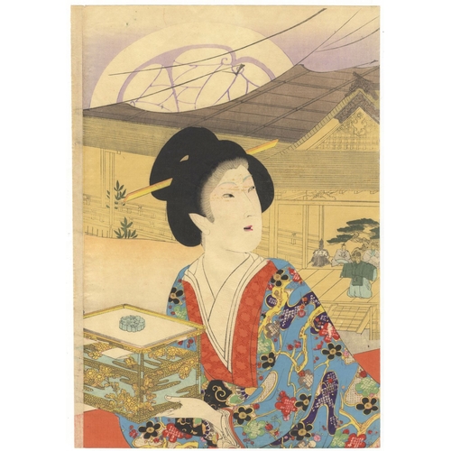 9 - Chikanobu Yoshu, Beauties, Theatre, High-ranking Ladies, Triptych, Meiji Artist: Chikanobu Yoshu (18... 