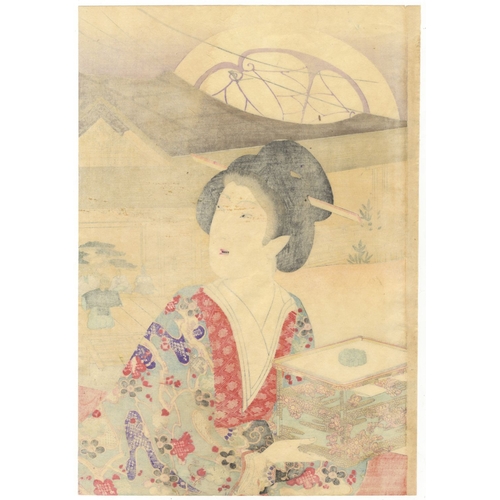 9 - Chikanobu Yoshu, Beauties, Theatre, High-ranking Ladies, Triptych, Meiji Artist: Chikanobu Yoshu (18... 