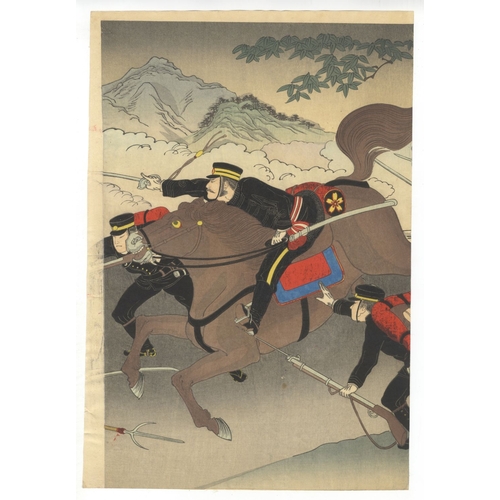 181 - Minehide, War, Major General Tatsumi, Fenghuang Castle, Triptych, Meiji Artist: Minehide (?-?). Titl... 