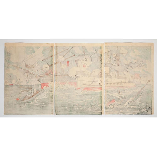 189 - Kiyochika Kobayashi, War, Great Victory of Japan, Chinese Army, Hoto, Naval, Triptych, Meiji Artist:... 