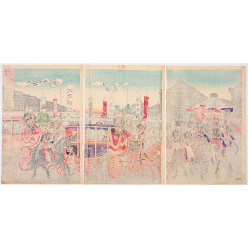 192 - Nobukazu Yosai, War, Meiji Emperor, Grand Marshal Ito, Shinbashi, Parade, Triptych, Meiji Artist: No... 