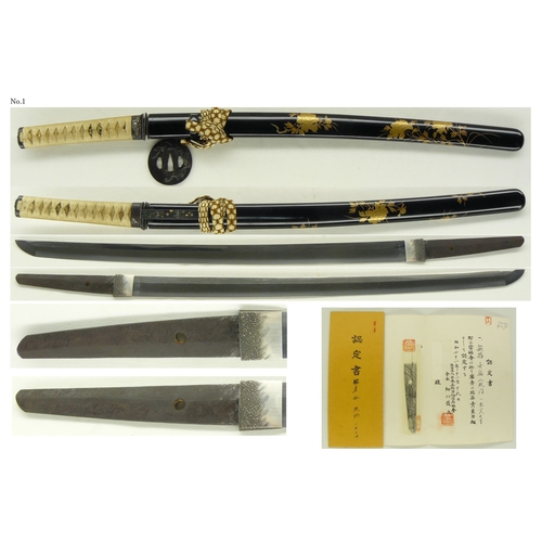 3 - Japanese Pair of Swords, Daisho - Wakizashi mumei Attributed Terukado and Katana mumei Attributed Ho... 