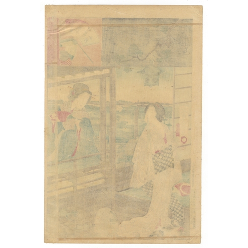 104 - Chikanobu Yoshu, Courtesam, Fan, Veranda, Japanese woodblock print, Artist: Chikanobu Yoshu (1838-19... 