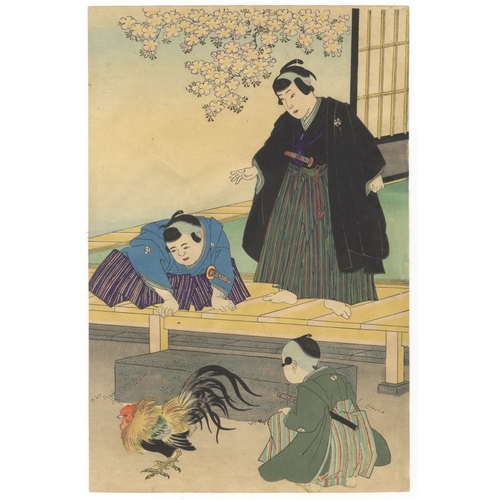 153 - Chikanobu Yoshu, Cockerels, Garden, Japanese woodblock print, Artist: Chikanobu Yoshu (1838-1912)
Ti... 