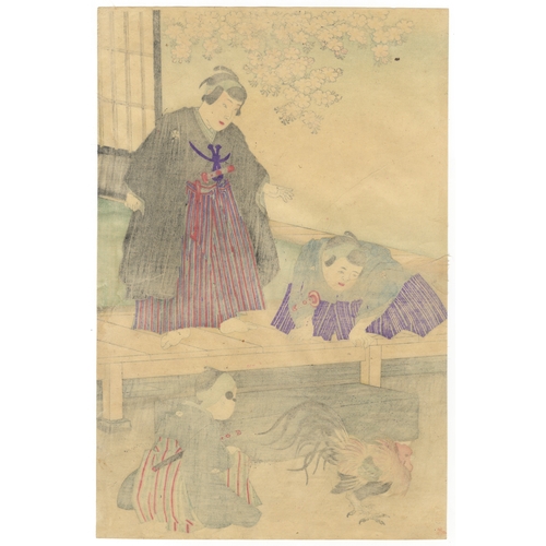 153 - Chikanobu Yoshu, Cockerels, Garden, Japanese woodblock print, Artist: Chikanobu Yoshu (1838-1912)
Ti... 