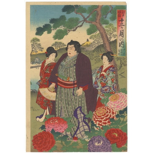 166 - Chikanobu Yoshu, Beauty, Sumo, Garden, Japanese woodblock print, Artist: Chikanobu Yoshu (1838-1912)... 