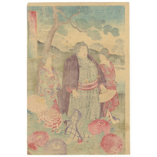 166 - Chikanobu Yoshu, Beauty, Sumo, Garden, Japanese woodblock print, Artist: Chikanobu Yoshu (1838-1912)... 