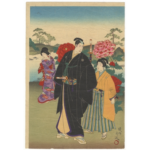 166 - Chikanobu Yoshu, Beauty, Sumo, Garden, Japanese woodblock print, Artist: Chikanobu Yoshu (1838-1912)... 