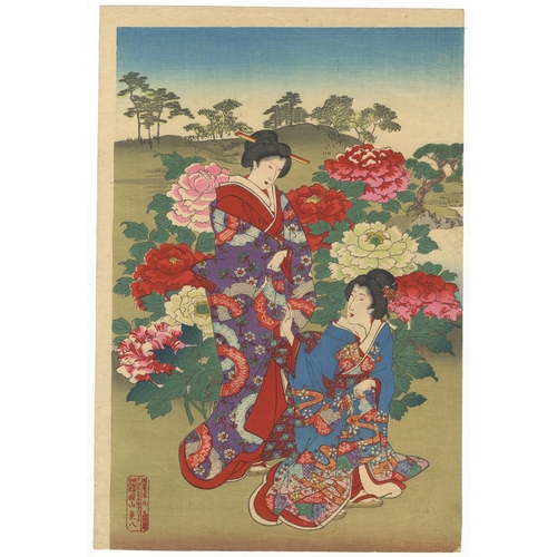 166 - Chikanobu Yoshu, Beauty, Sumo, Garden, Japanese woodblock print, Artist: Chikanobu Yoshu (1838-1912)... 