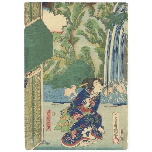 181 - Toyokuni III, Kunihisa II, Waterfall, Genji, Japanese woodblock print, Artist: Toyokuni III Utagawa ... 