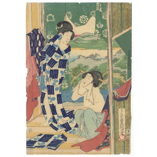 181 - Toyokuni III, Kunihisa II, Waterfall, Genji, Japanese woodblock print, Artist: Toyokuni III Utagawa ... 