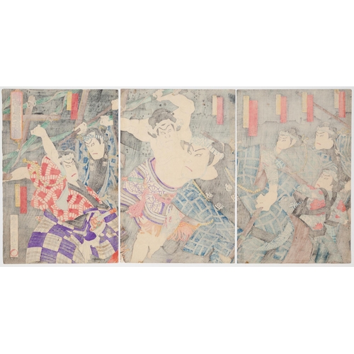 63 - Artist: Kunichika Toyohara (1835-1900)
Title: Kabuki Play, Kami no Megumi Wago no Torikumi
Publisher... 