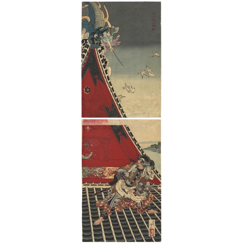 73 - Artist: Yoshitoshi Tsukioka (1839-1892)
Title: Inuzuka and Inukai Fight Atop a Pavillion
Publisher: ... 