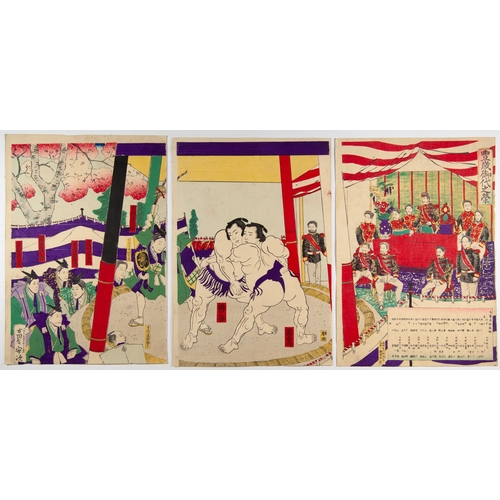 136 - Artist: Yasuji Inoue (1864-1889)
Title: Meiji Emperor Enjoying the Sumo Wrestling
Publisher: Matsuki... 