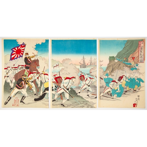 144 - Artist: Nobukazu Yosai (1872-1944)
Title: Chinese Troop Making Rout at the Great battle of Asan
Seri... 