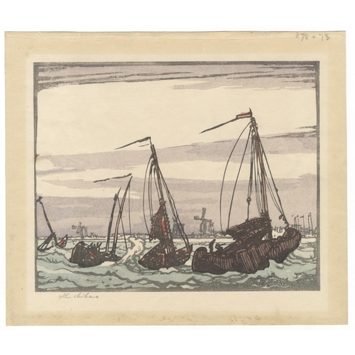 208 - Artist: Mokuchu Urushibara (1888-1953)
Title: Dutch Packet Boats
Date: 1924
Size: 21.8 x 25.5 cm
Pen... 