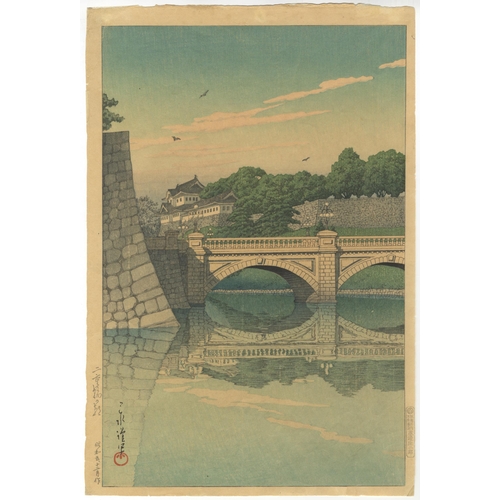 213 - Artist: Hasui Kawase (1883-1957)
Title: Morning at Nijubashi Bridge
Publisher: Watanabe Shozaburo
Da... 