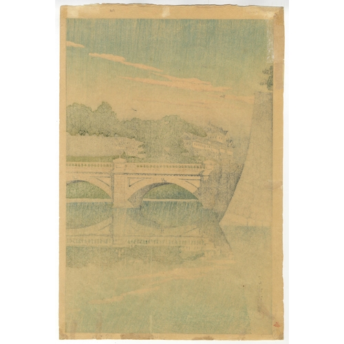 213 - Artist: Hasui Kawase (1883-1957)
Title: Morning at Nijubashi Bridge
Publisher: Watanabe Shozaburo
Da... 