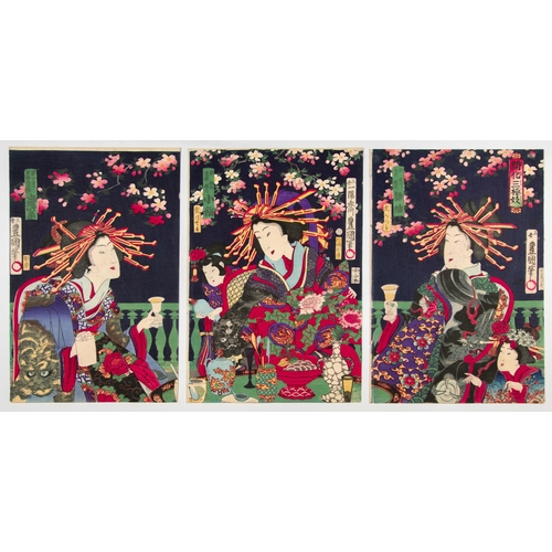 73 - Artist: Kunisada II Utagawa  (1823-1880)
Title: Three Top Courtesans; Parody of the Three Kingdom
Pu... 