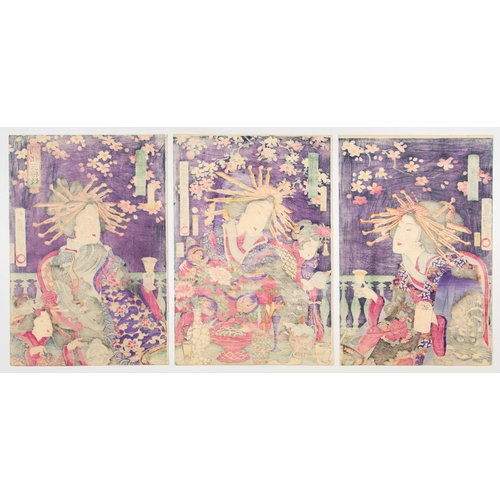 73 - Artist: Kunisada II Utagawa  (1823-1880)
Title: Three Top Courtesans; Parody of the Three Kingdom
Pu... 