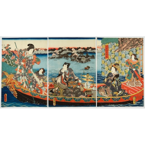 93 - Artist: Toyokuni III Utagawa (1786-1865)
Title: Genji Enjoying Punting in Spring
Publisher: Tsutaya ... 