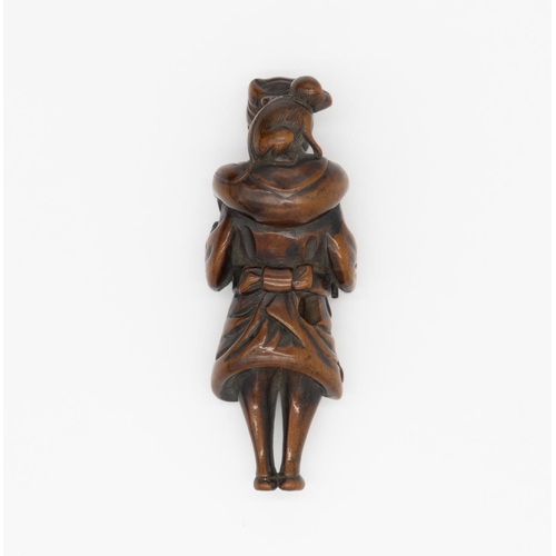 176 - Title: Wood netsuke of a standing sarumawashi (monkey trainer) with his monkey sitting on the back
D... 