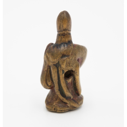 183 - Title: Wood netsuke of a dancer wearing a tall eboshi (courtier's hat)
Date: 19th century
Size: appr... 