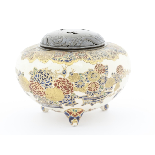 197 - Artist: Kizan in Satsuma (est. 1836)
Title: Satsuma incense burner with pierced metal cover
Date: la... 