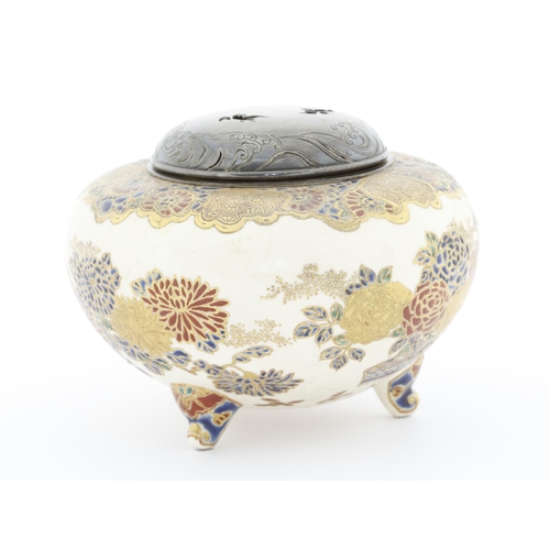 197 - Artist: Kizan in Satsuma (est. 1836)
Title: Satsuma incense burner with pierced metal cover
Date: la... 